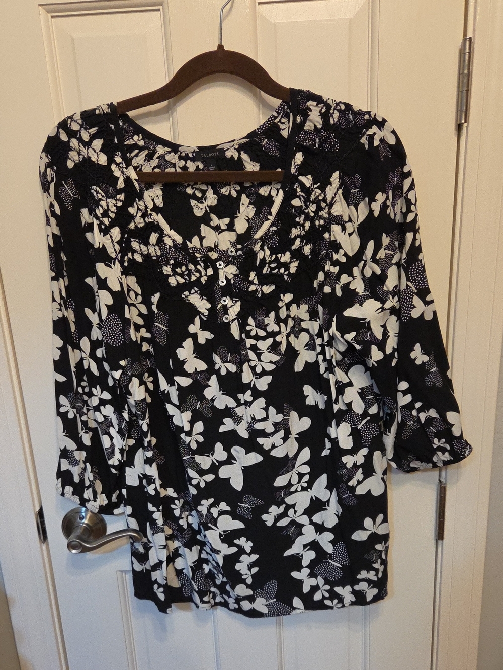 Talbots Black and White Floral Scoop-Neck Blouse